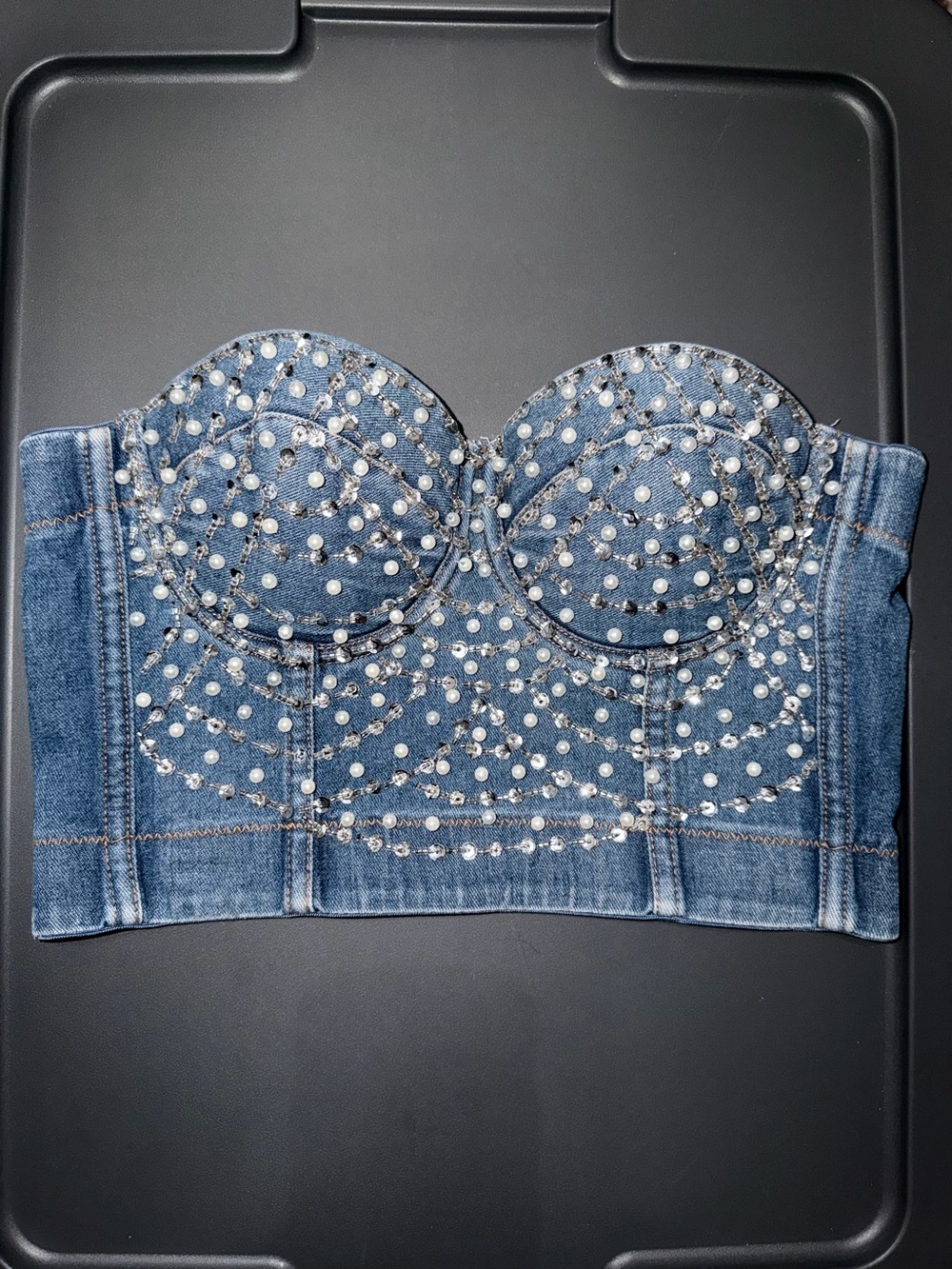 Denim Corset with Rhinestone & Pearl Details